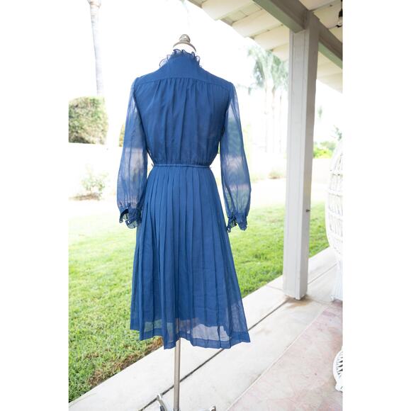 Vintage Navy Blue Sheer Cottage Core Prairie Dress Halloween Costume - Picture 9 of 10
